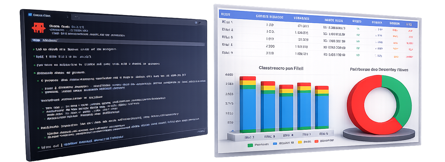 Claude Code em ação: terminal e dashboard de resultados